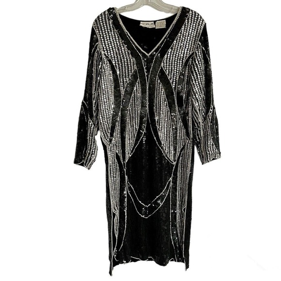 Vintage Scala Dress Size Small Black Silver Silk Sequin Evening Party Formal 80s - Picture 1 of 9